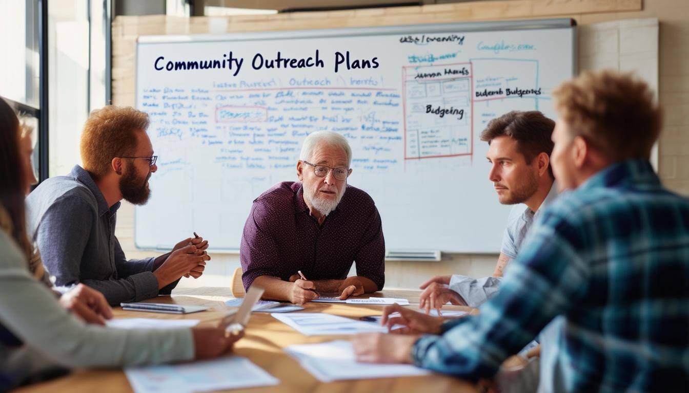 In the foreground, a group of church leaders, including a senior pastor and team leaders, are gathered around a conference table, engaged in a collabo