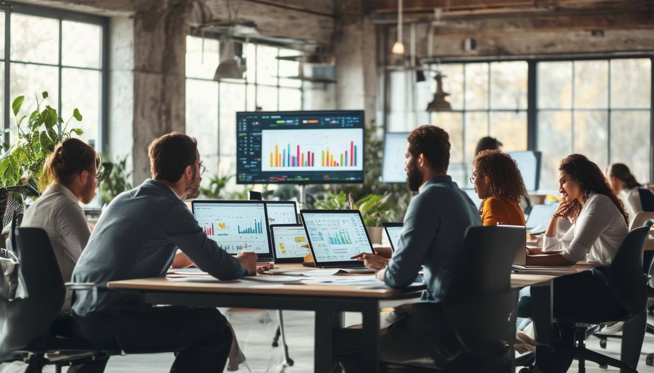 The image depicts a modern office environment bustling with activity