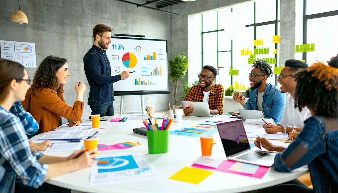 The image depicts a vibrant modern workspace filled with a diverse group of professionals engaged in a collaborative budgeting session In the foreground a large round table is cluttered with colorful documents laptops and coffee cups where individual